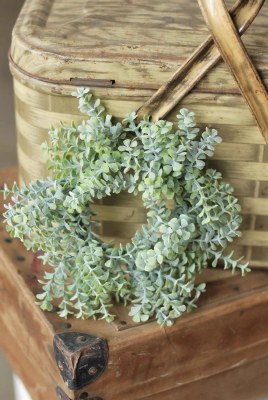 3" Opening Faux Two Tone Green Frosted Tiny Leaves Candle Ring