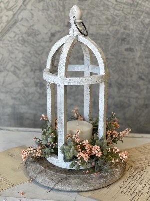 16" Distressed White Round Wood Lantern