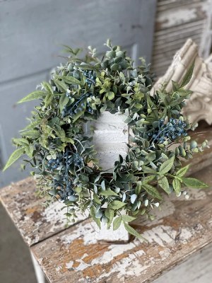 6" Opening Faux Eucalyptus and Blue Berries Mix Candle Rings