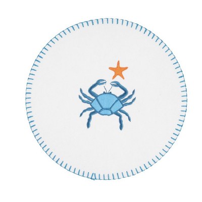 14" Round Blue Crab on White Embroidered Felt Placemat