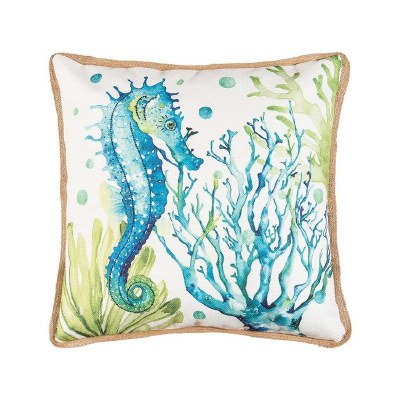 18" Square Blue and Green Seahorse Sea Life Pillow With Jute Piping