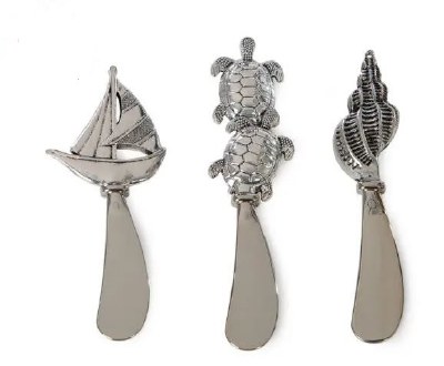 Set of 3 5" Silver Metal Sailboat, Sea Turtle, Shell Cheese & Dip Spreaders