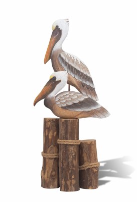 31" Hand Carved Wood Pelican Couple on Pilings