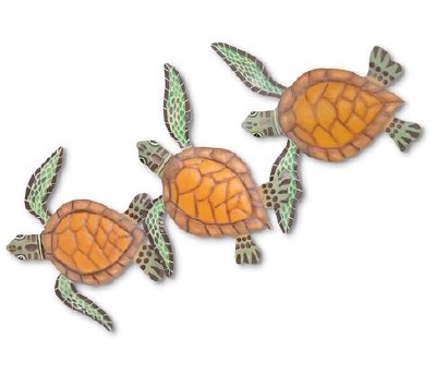 28" Yellow and Green Baby Sea Turtle Trio Coastal Metal Wall Art Plaque