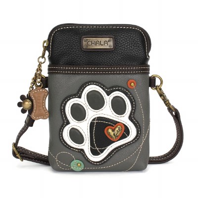 8" Gray and Black Paw Print Cellphone Crossbody Purse