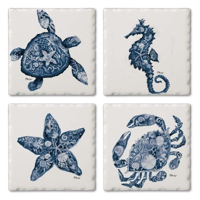 Set of Four Tumbled Tile Blue Nassau Sealife Coasters