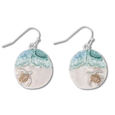 Silver Toned To The Sea Turtle Disk Earrings