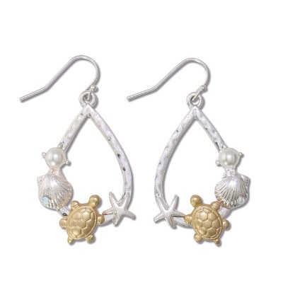 Silver and Gold Toned Turtle, Starfish and Seashell Teardrop Earrings With Pearl Accent