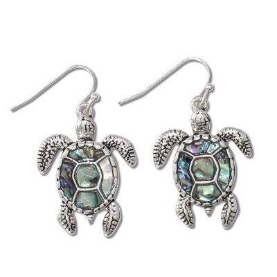 Silver Toned Detailed Turtles With Abalone Inlay Earrings