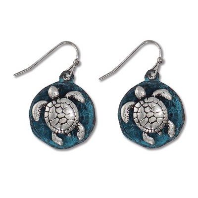 Silver Toned Turtle Patina Disk Earrings