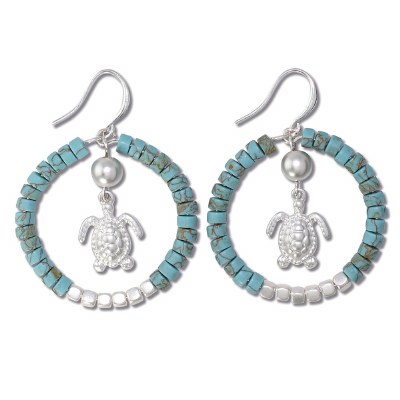 Turquoise and Silver Beaded Hoops With Silver Toned Turtle Earrings