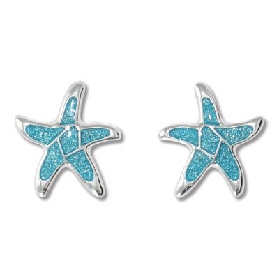 SIlver Toned Aqua Glitter Starfish Earrings
