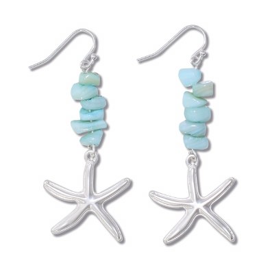 Light Blue Shell Stack With Silver Toned Starfish Drop Earrings