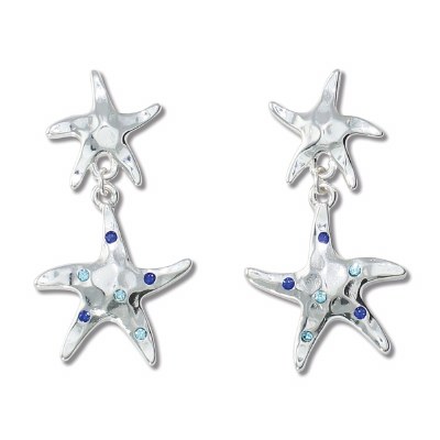 Hammered Silver Toned Starfish With Blue Crystal Accent