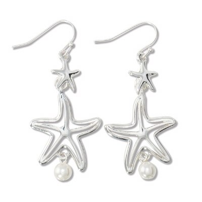 Silver Toned Double Starfish With Hanging Pearl Earrings