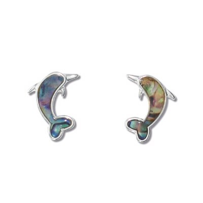 Silver Toned Abalone Inlay Dolphin Earrings