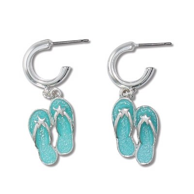 Silver Toned Hoops With Aqua Enamel Flip Flops Charms