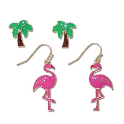 Set of 2 Palm Trees and Flamingos Enamel Earrings