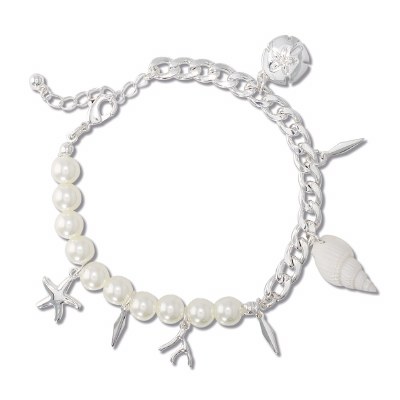 Silver Toned Chain Bracelet With Pearls and Sea Life Charms