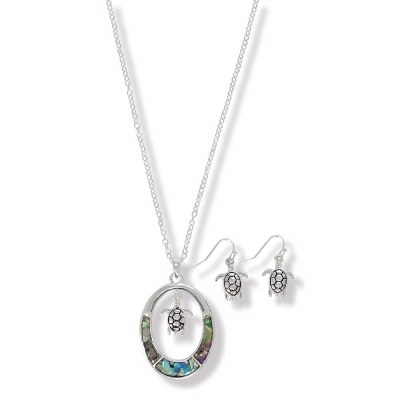Set of 2 18" Silver Toned Abalone Turtle Necklace and Earrings