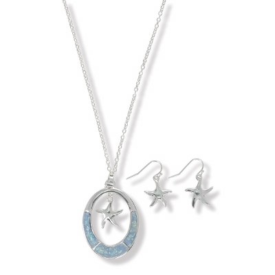 Set of 2 18" Silver Toned Blue Glitter Polyresin Starfish Necklace and Earrings