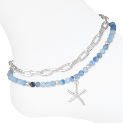 Blue Beaded Silver Toned Starfish and Chain Anklet