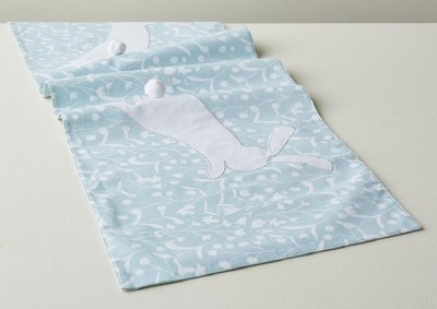60" White Bunny Silhouette With Florals on Blue Table Runner