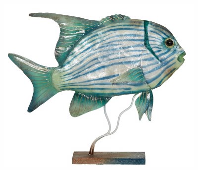 14" Green and Blue Capiz and Metal Large Striped Jackfish on Stand