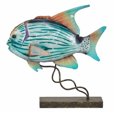 8" Turquoise and Orange Capiz and Metal Small Striped Jackfish on Stand