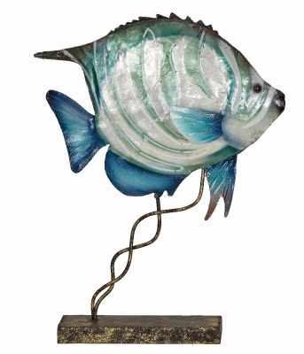 10" White, Green, and Turquoise Capiz and Metal Small Striped Bannerfish on Stand