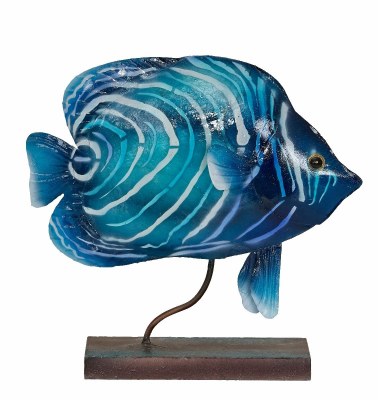 8" Dark Blue and White Capiz and Metal Water Ripple Butterflyfish on Stand