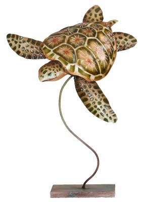 17" Green Brown Capiz and Metal Hawksbill Turtle on Stand