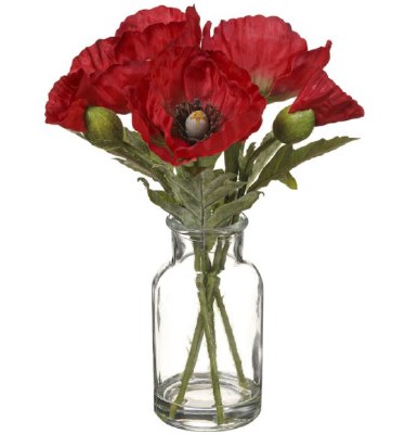 10" Faux Red Poppies in Glass Vase