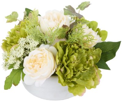 7.5" Faux Green and Cream Flowers in a White Vase