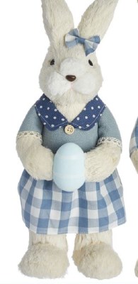 15" White Mrs. Bunny With Blue Gingham Skirt and Holding Blue Egg