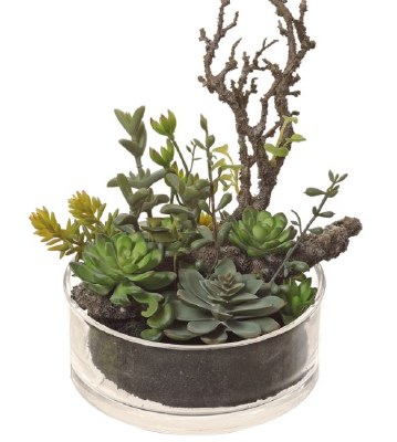 13" Faux Two Tone Green Succulent in Glass Bowl