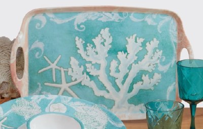 12" x 19" Inspired Coast Turquoise White Coral Melamine Tray with Handles