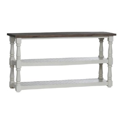 61" Distress White and Brown Top 2 Shelf Console