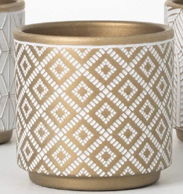 4.5" White and Gold Square Pattern Ceramic Pot