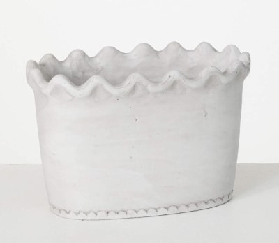 10" Oval Distressed White Cement Scalloped Edge Pot