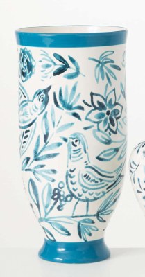 16" Blue and White Painted Ceramic Floral Birds Vase