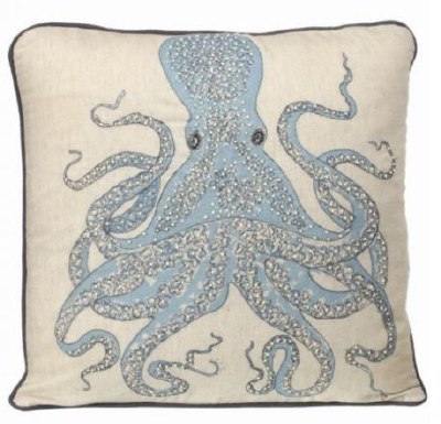 18" Square Blue and Cream Embroidered Octopus Pillow