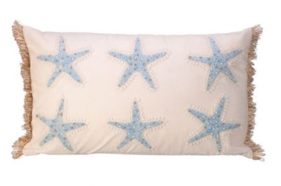 12" x 20" Ivory With Embroidered Aqua Starfish and Beaded Edge Pillow