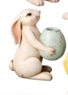 6" Antiqued White Polyresin Bunny With Blue Egg Taper Candleholder
