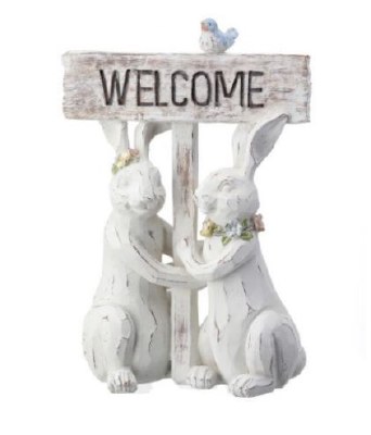 10" Distressed White Polyresin Bunnies With Welcome Sign