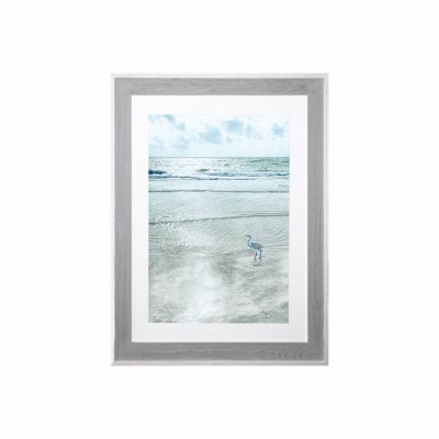 47" x 37" White Egret on Beach Gel Print With Gray Frame