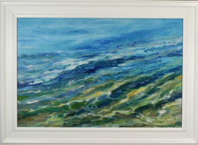 31" x 43" Blue and Green Gentle Wave Gel Print With White Frame