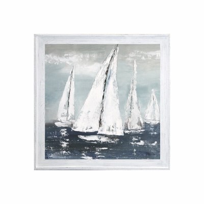 37" SQ Four White Sailboats Gel Print With White Wash Frame
