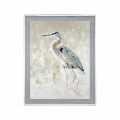 47" x 37" White and Blue Heron 1 Gel Print With Gray Frame