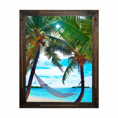 46" x 36" Two Palm Tree With Hammock Gel Print With Brown Frame